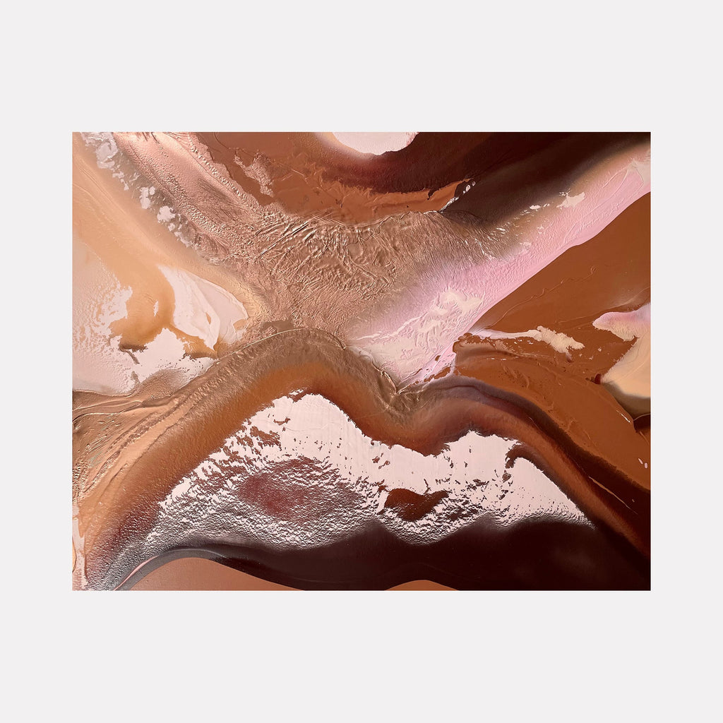 The artwork 'Energy Patterns: Earth' by Renee Phillips features fluid abstract waves in earthy tones, blending rich browns, warm terracotta, and soft peach hues. The latex and spray paint create textural variations with glossy swirls and matte surfaces, resembling natural geological formations and desert landscapes. 48x60 inches on canvas by Renee Phillips.