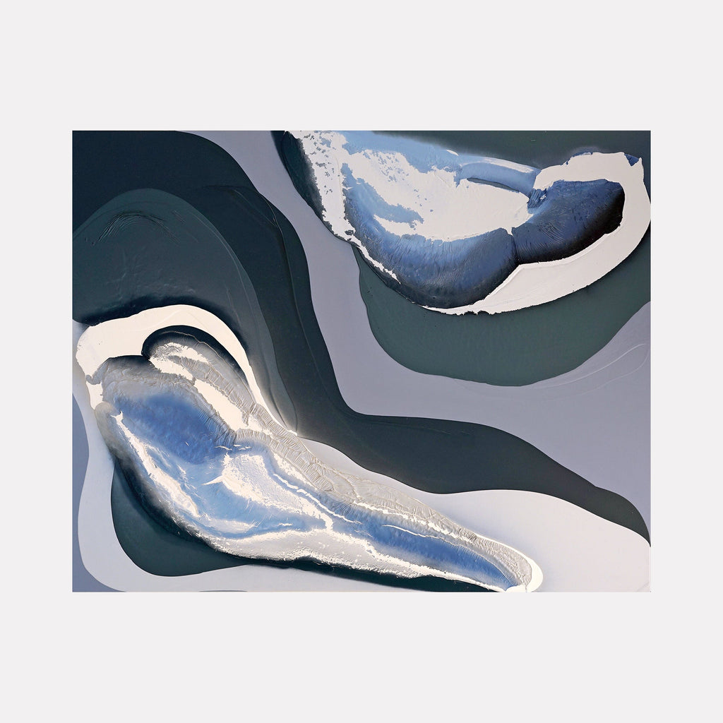 Energy Patterns: Water by Renee Phillips features dynamic swirling waves in shades of deep teal and navy blue, contrasting with silvery white streaks that create a fluid, abstract composition. The latex and spray paint on canvas create textural depth and movement reminiscent of ocean currents and water formations.