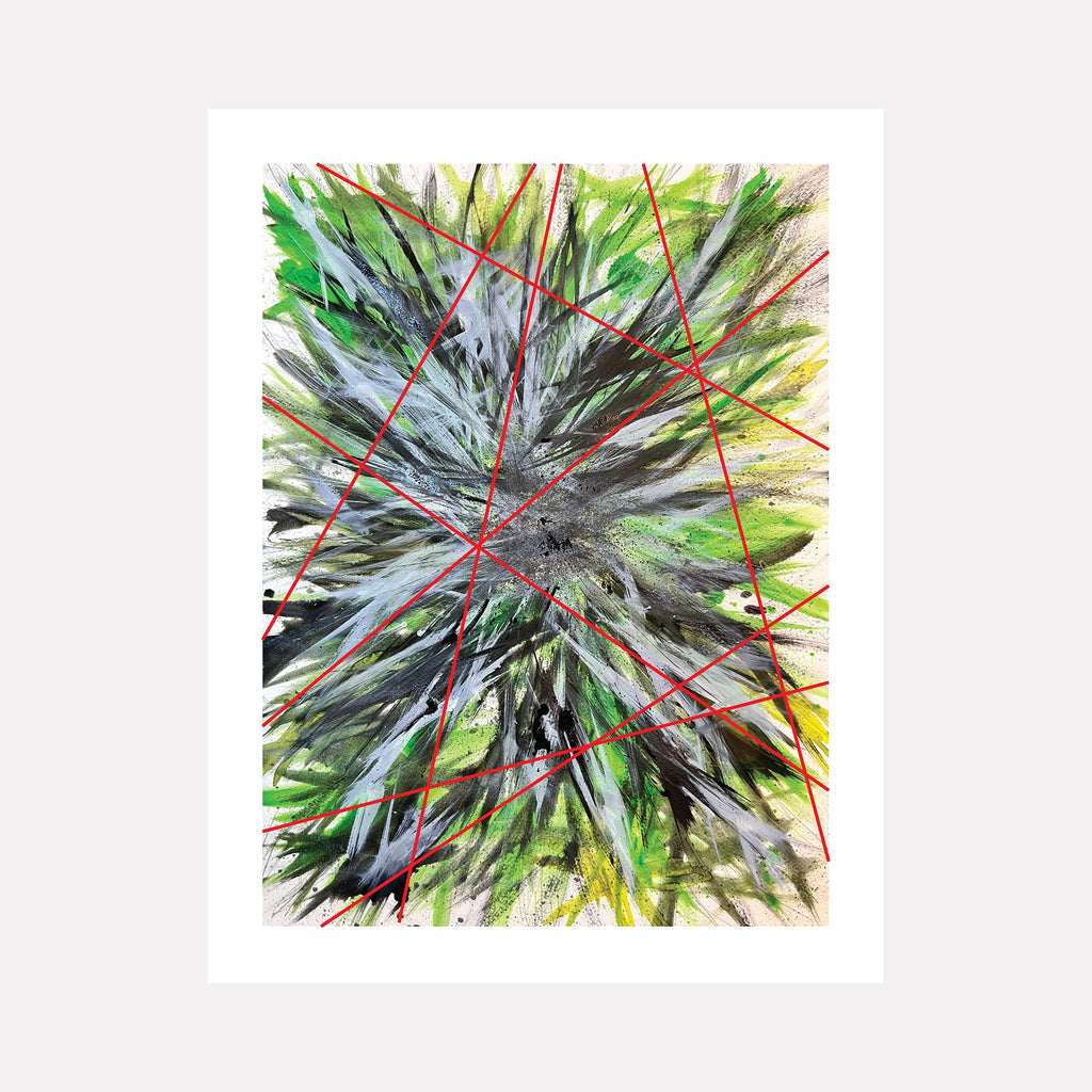 The artwork 'Entangled 1' by Bill Burns features dynamic brushstrokes in vibrant greens and grays, with bold red diagonal lines intersecting throughout the composition. Abstract watercolor and ink create an explosive burst pattern radiating from the center, suggesting movement and energy. The piece combines loose, organic strokes with precise geometric elements.