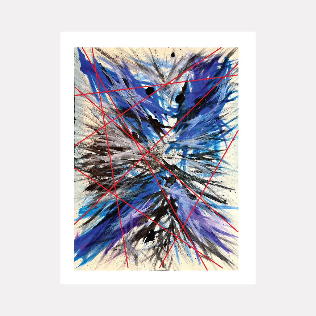 The artwork 'Entangled 2' by Bill Burns features dynamic brush strokes in vibrant blue and red hues bursting from a central point, creating an explosive abstract composition. Bold watercolor splashes and precise ink lines intersect dramatically, while graphite details add depth against the white paper background, suggesting movement and tension.