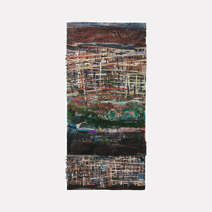 The artwork 'Entangled Verse' by Christopher Blyth features layered abstract patterns in encaustic and mixed media, creating a textured landscape of intersecting lines and grids. Rich earth tones of rust and brown blend with deep greens and blacks, while sporadic touches of blue add depth. The vertical composition showcases complex collage elements and weathered textures.