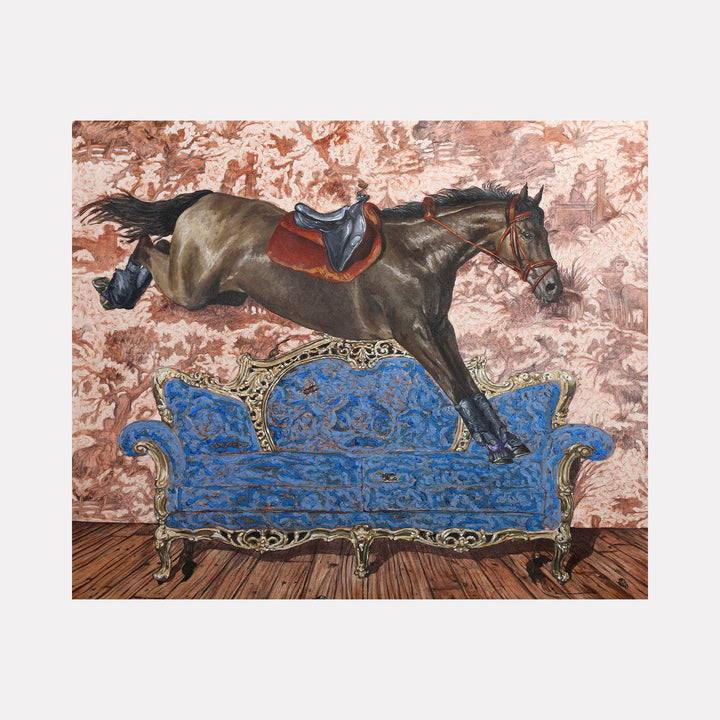 The artwork 'Equestrian Style and Decor II' depicts a dark brown horse mid-leap over an ornate Victorian blue velvet sofa with gilded trim. The horse wears a red saddle and blue tack against a textured rose-colored background. The oil painting combines classical equestrian art with surreal interior elements by Carlos Gamez de Francisco.
