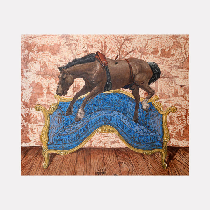 The artwork 'Equestrian Style and Decor IV' by Carlos Gamez de Francisco depicts a brown horse with riding tack positioned atop an ornate blue Victorian settee with gold trim. The horse is set against a textured rust-colored background, resting on wooden flooring. Oil on canvas artwork combines classical equestrian and baroque furniture elements.