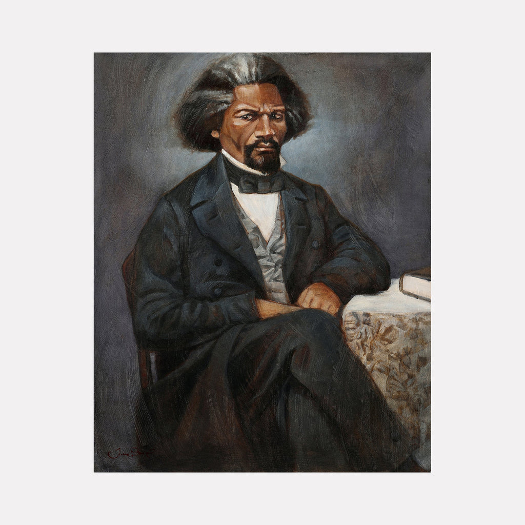 The artwork 'F. Douglass' by JaeMe Bereal features a historical portrait in acrylic on canvas. A figure in formal 19th-century attire sits in contemplative pose against a moody gray background. The composition shows a dark suit, white collar, and textured table covering. Bold brushstrokes create dramatic lighting and atmosphere in this 36x24 inch painting. By JaeMe Bereal.