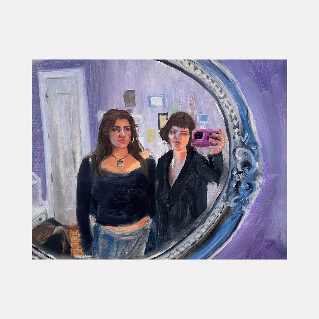 The artwork 'fit check before leaving Petra's' captures a mirror reflection in an ornate silver frame against a purple wall. Oil painting features soft brushstrokes depicting figures in black attire, with one holding a camera. Rich purple and blue tones dominate, with delicate details in the decorative mirror frame. Contemporary realist style. By Jillian Shea.