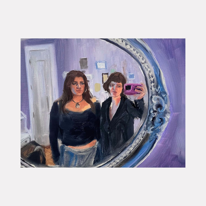 The artwork 'fit check before leaving Petra's' captures a mirror reflection in an ornate silver frame against a purple wall. Oil painting features soft brushstrokes depicting figures in black attire, with one holding a camera. Rich purple and blue tones dominate, with delicate details in the decorative mirror frame. Contemporary realist style. By Jillian Shea.