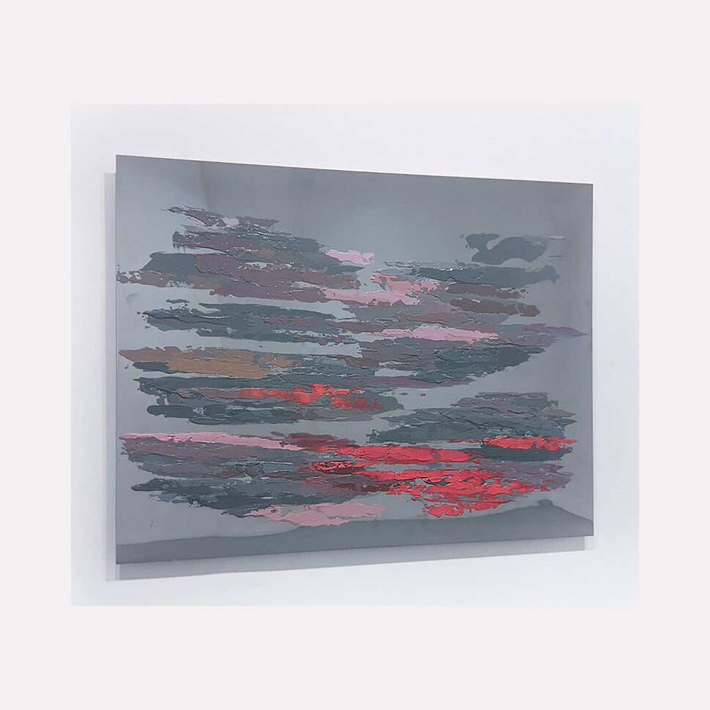 The artwork 'Fluidity #25' by Sofia Echa features dynamic horizontal brushstrokes in stormy grays, vibrant reds, and soft pinks on stainless steel. Abstract expressionist composition suggests a dramatic sunset or turbulent atmosphere with layered acrylic paint creating depth and movement across the metallic surface. 38x28 inches by Sofia Echa.