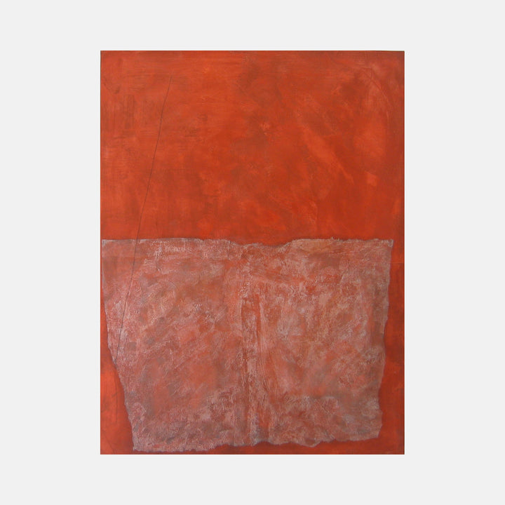The artwork 'Form on Rust II' by Diane Englander features a striking abstract composition divided into two horizontal sections. The upper portion displays a vibrant rust-orange field, while the lower section showcases a textured, pale pink rectangular form. Created with papers, pencil and acrylic on canvas, the piece demonstrates a minimalist approach with rich textural elements.