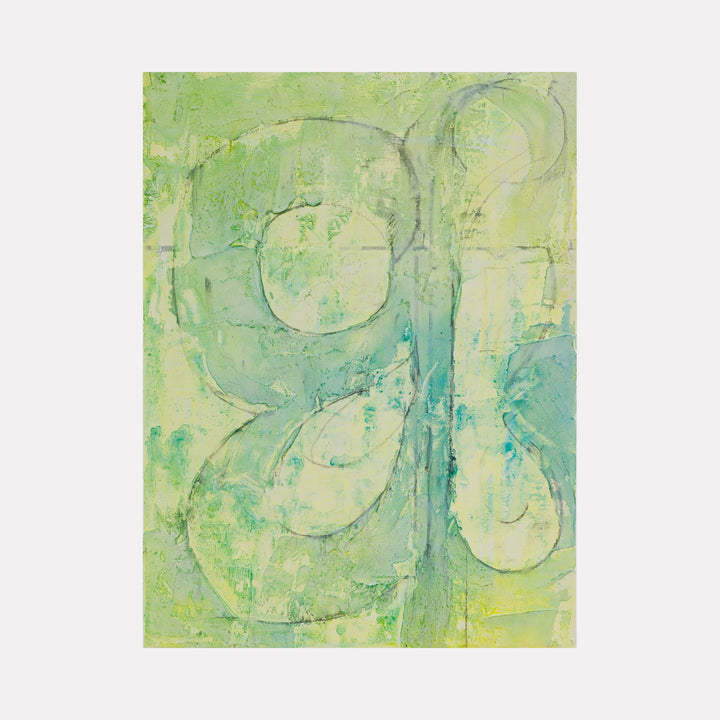 The artwork 'Four Leaf Clover' by Lisa Petker Mintz features a textured abstract design in soft green and turquoise hues. Bold charcoal outlines trace a clover shape against a layered acrylic background, creating depth through varied brushstrokes and organic patterns. The 24x18 inch composition blends ethereal mint tones with subtle yellow undertones.
