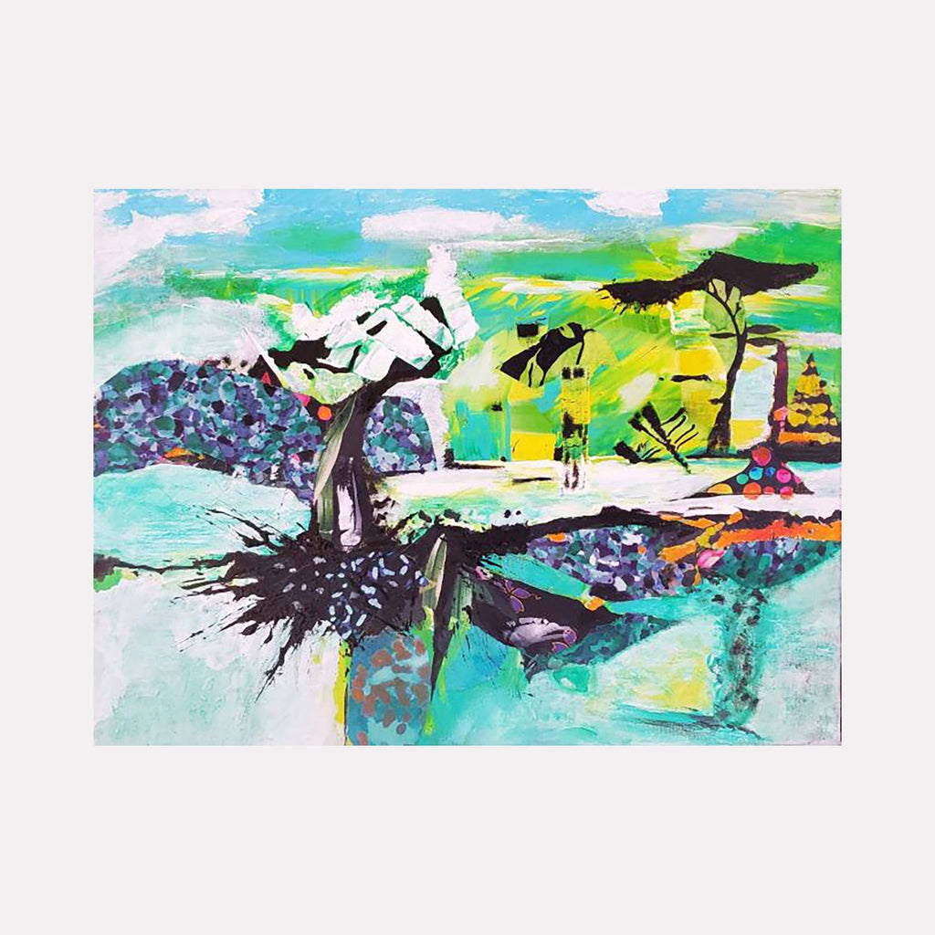 The artwork 'Frozen Lake' by James Ehling features a vibrant abstract landscape with dynamic brushstrokes in turquoise, green, and yellow hues. A distinctive black tree silhouette stands against a bright sky, while abstract figures appear to inhabit a colorful terrain. The mixed media piece combines acrylic and fabric on canvas, creating textural contrasts and expressive energy through splattered and flowing techniques.