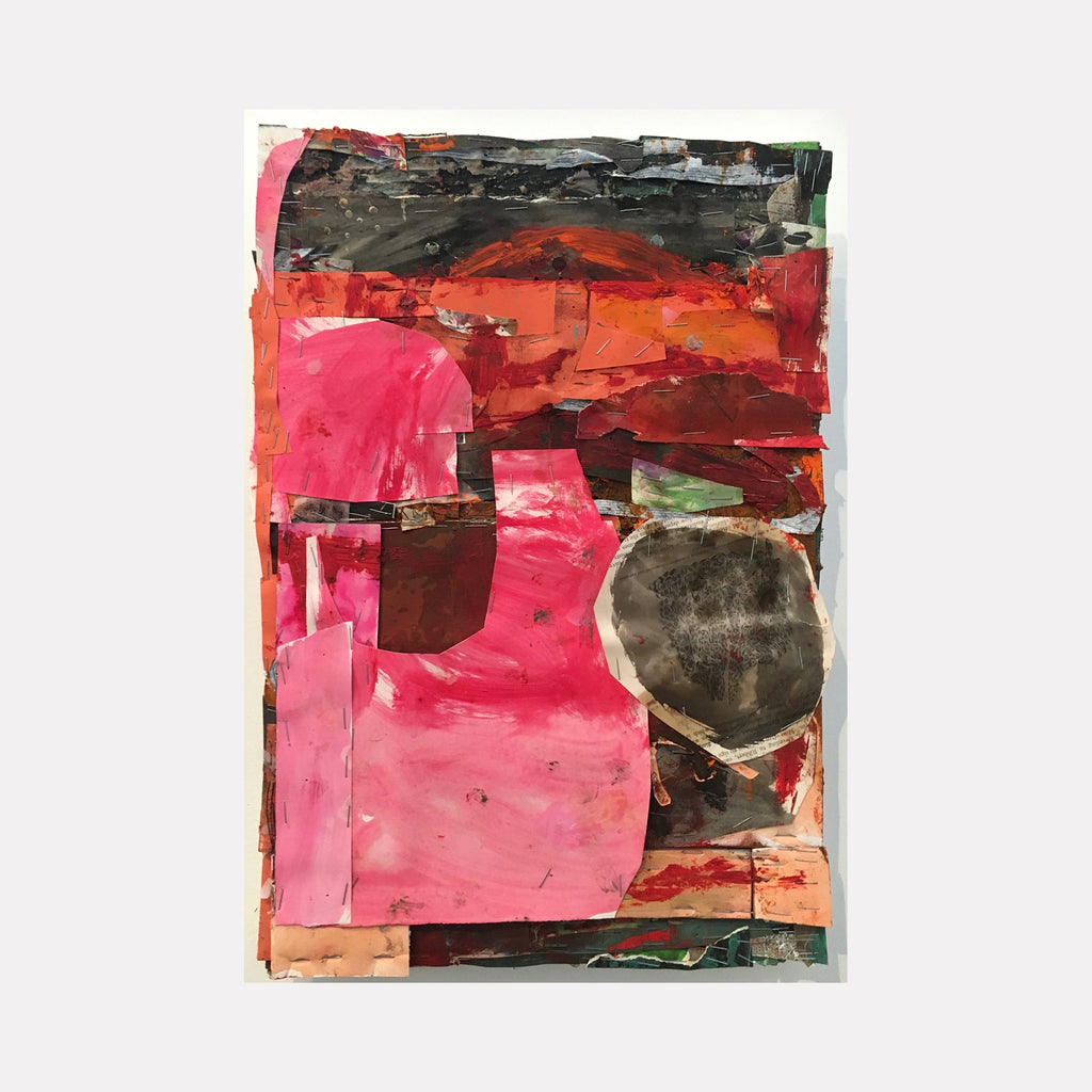 The artwork 'Gaia Hypothesis II' by Christopher Blyth features a dynamic mixed media composition with vibrant pink and coral tones layered against dark earthy elements. Abstract collage pieces create geometric forms, while encaustic techniques add textural depth. The handmade paper base supports an organic interplay of shapes suggesting geological or natural formations.