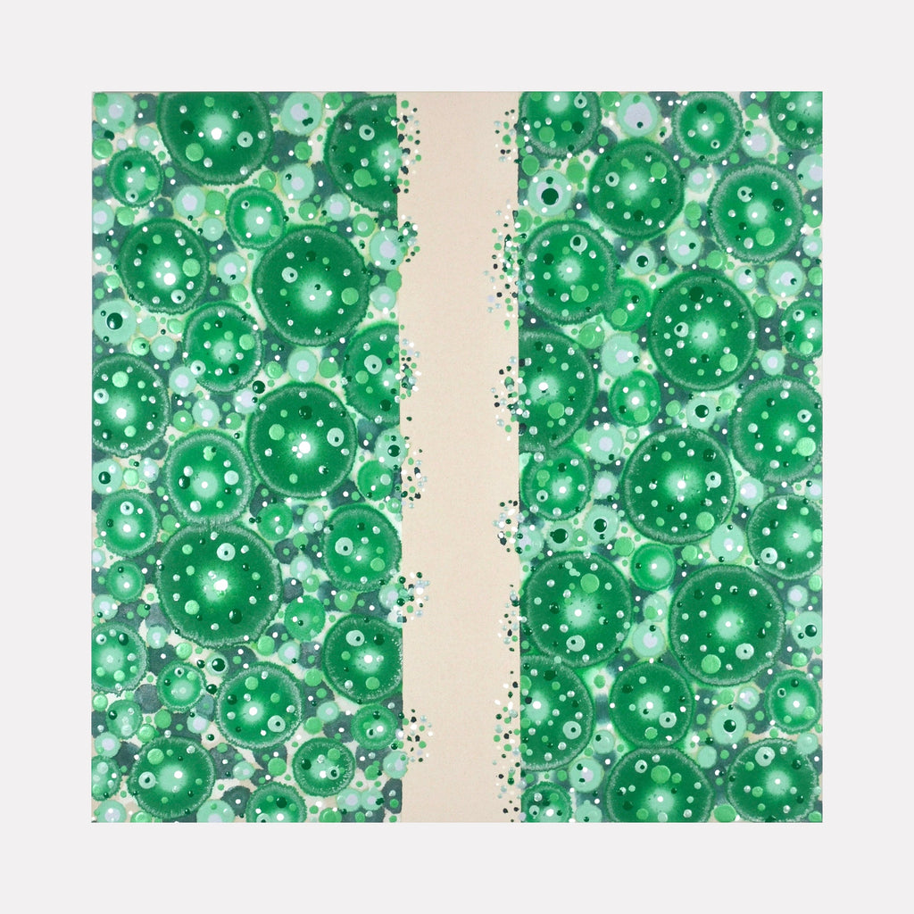The artwork 'Generative Capacity' by Eric Jiaju Lee features vibrant emerald green circular formations resembling cellular structures or bubbles, separated by a vertical ivory stripe. The organic spherical shapes contain intricate white dotted patterns, creating a microscopic, biological aesthetic. The 36x36 inch acrylic painting combines precision and fluidity in its composition.