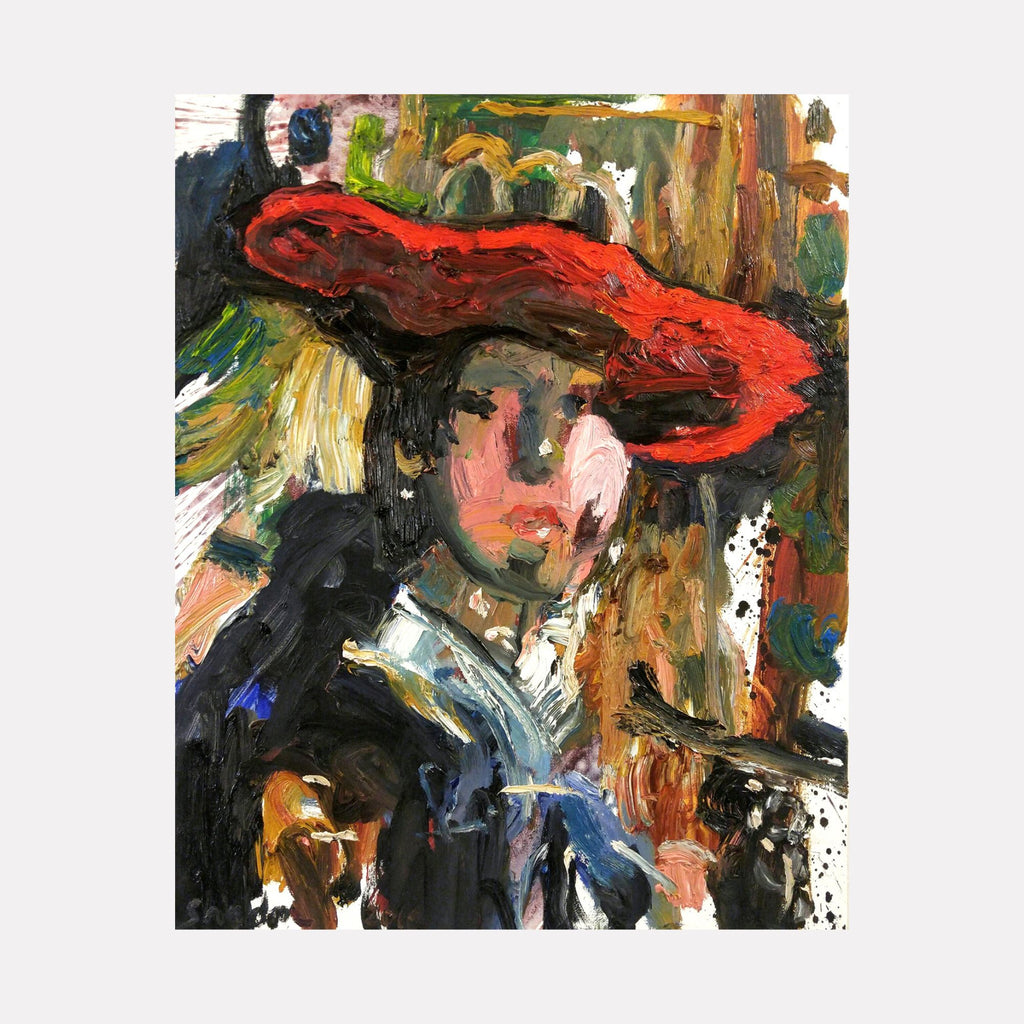 Girl in Red Hat (After Vermeer) by David Quentin Sheldon features an expressive abstract portrait with bold, textured brushstrokes. The composition centers on a figure wearing a vivid red hat against a complex background of layered earthy tones and deep blues, conveying an energetic reinterpretation of classic portraiture through rich, dynamic colors.