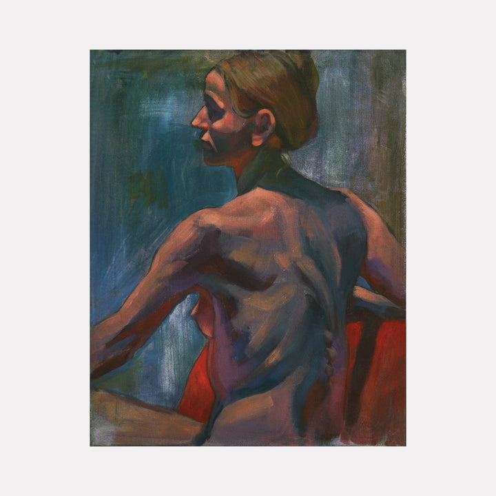 The artwork 'Girl with Blue Back' by JaeMe Bereal features a side view portrait against a deep blue background. The lithograph on canvas showcases expressive brushstrokes, with rich interplay of shadows and highlights on the figure. Deep blues and warm terracotta tones create a striking contrast, while the textural details emphasize the artistic composition. 20x16 inches lithograph by JaeMe Bereal.