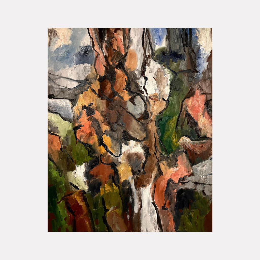 Gorge by David Quentin Sheldon captures an abstract landscape of intertwined organic shapes with earthy hues of brown, green, orange, and soft white. The composition evokes a natural, textured environment with fluid, layered brushstrokes and a harmonious yet dynamic interplay of colors.