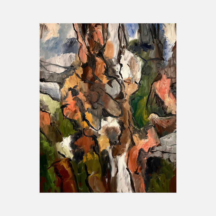 Gorge by David Quentin Sheldon captures an abstract landscape of intertwined organic shapes with earthy hues of brown, green, orange, and soft white. The composition evokes a natural, textured environment with fluid, layered brushstrokes and a harmonious yet dynamic interplay of colors.