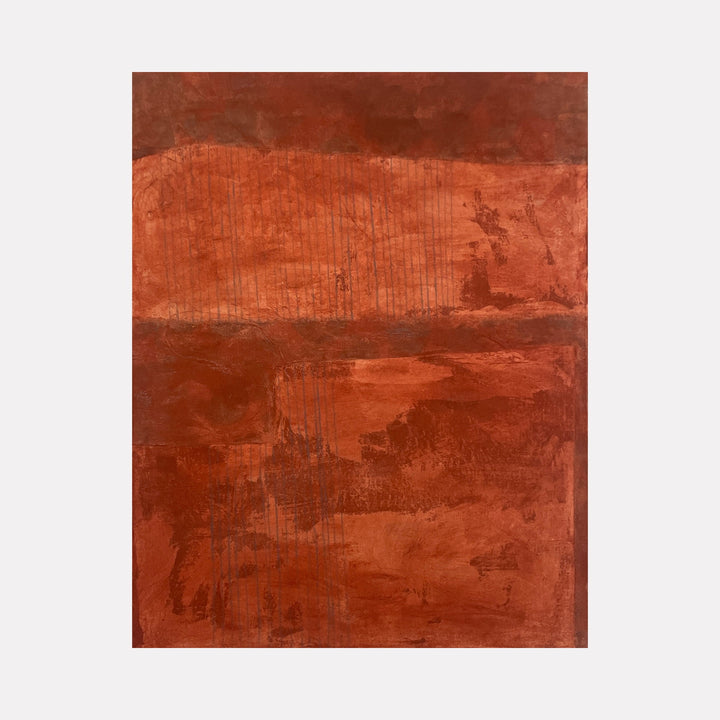 The artwork 'Gray Lines on Rust II' by Diane Englander features a minimalist abstract composition with deep rust-colored horizontal sections layered with subtle gray linear elements. Mixed media artwork combines papers, fabric, and acrylic paint creating rich textural variations across the canvas, with darker tones at top transitioning to warmer rusty hues below.