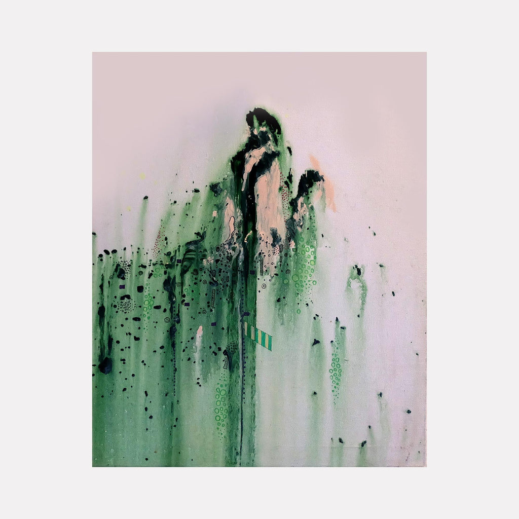 The artwork 'GreenMossSlide' by Devin Ruiz features dramatic vertical strokes of emerald green and black acrylic paint cascading down a pale canvas. Abstract expressionist style with textural drips and splatters creates a natural, moss-like effect. The composition suggests organic movement and forest-inspired elements on a 16x20 inch canvas.