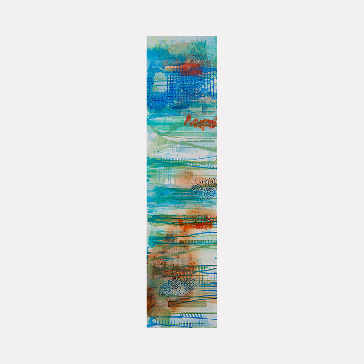 The artwork 'Green Ribbons 2' by Lisa Petker Mintz features vertical streams of turquoise, teal, and copper tones flowing across an 18x6 inch canvas. Abstract layers of paint create a flowing, ribbon-like effect with textural elements and grid patterns, blending modern abstract style with organic movement in acrylic medium. Artwork by Lisa Petker Mintz.