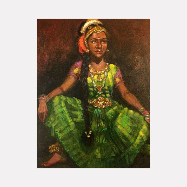 The artwork 'Green Sari' depicts a traditional dancer in a flowing emerald green pleated sari with vibrant gold ornaments. The painting features rich earth-toned background, layered textures in the fabric, and intricate details captured in a classical oil painting style. High quality lithograph on canvas by JaeMe Bereal.
