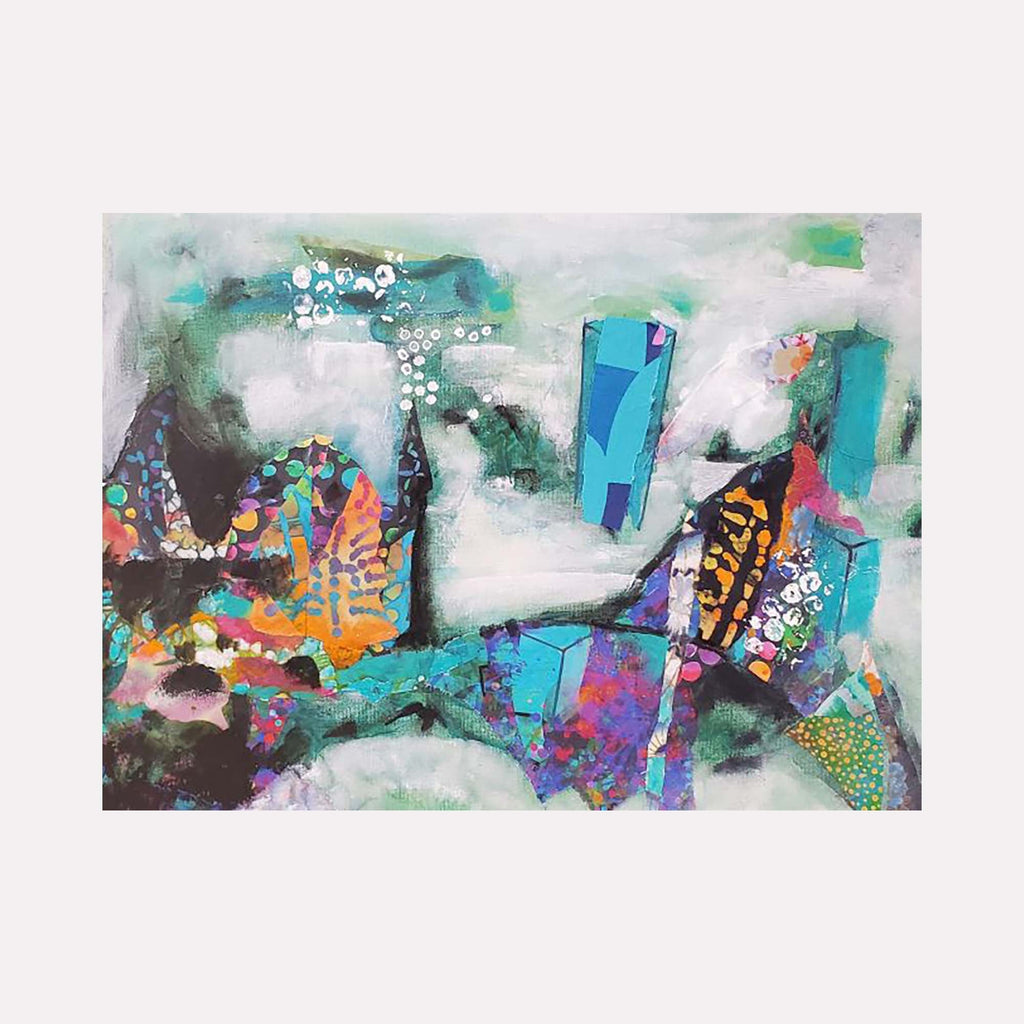 The artwork 'Ground Fog' by James Ehling features an abstract composition with vibrant turquoise geometric shapes emerging through misty white spaces. Dynamic splashes of orange and purple create depth, while textured fabric elements and delicate white circular patterns add dimension. The 12x16 acrylic painting combines bold architectural forms with ethereal atmospheric effects.