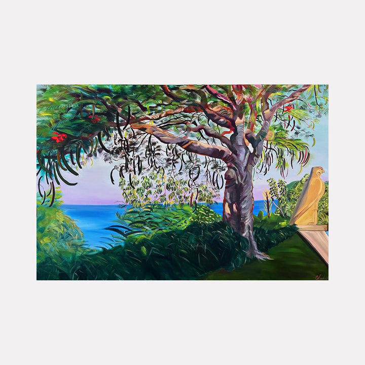 The artwork 'Hand of God' by Claudia Robles-Gil features a vibrant tropical landscape with a majestic tree adorned with hanging vines against a serene ocean backdrop. Lush green foliage frames the composition, while a bird perches on a wooden structure to the right. The scene captures the interplay of sunlight through branches, creating a peaceful coastal atmosphere in oil and acrylic on canvas.