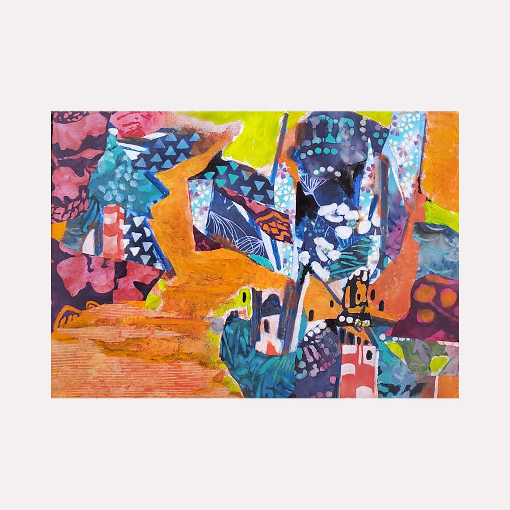 The artwork 'Hilltop Village' by James Ehling features a vibrant abstract landscape rendered in acrylic and fabric collage. Small geometric houses nestle among patterned shapes in deep blues, pinks, and turquoise against a warm orange sky. Textural elements and whimsical architectural forms create a playful, mixed-media composition on canvas that measures 16 by 12 inches. Artwork by James Ehling.