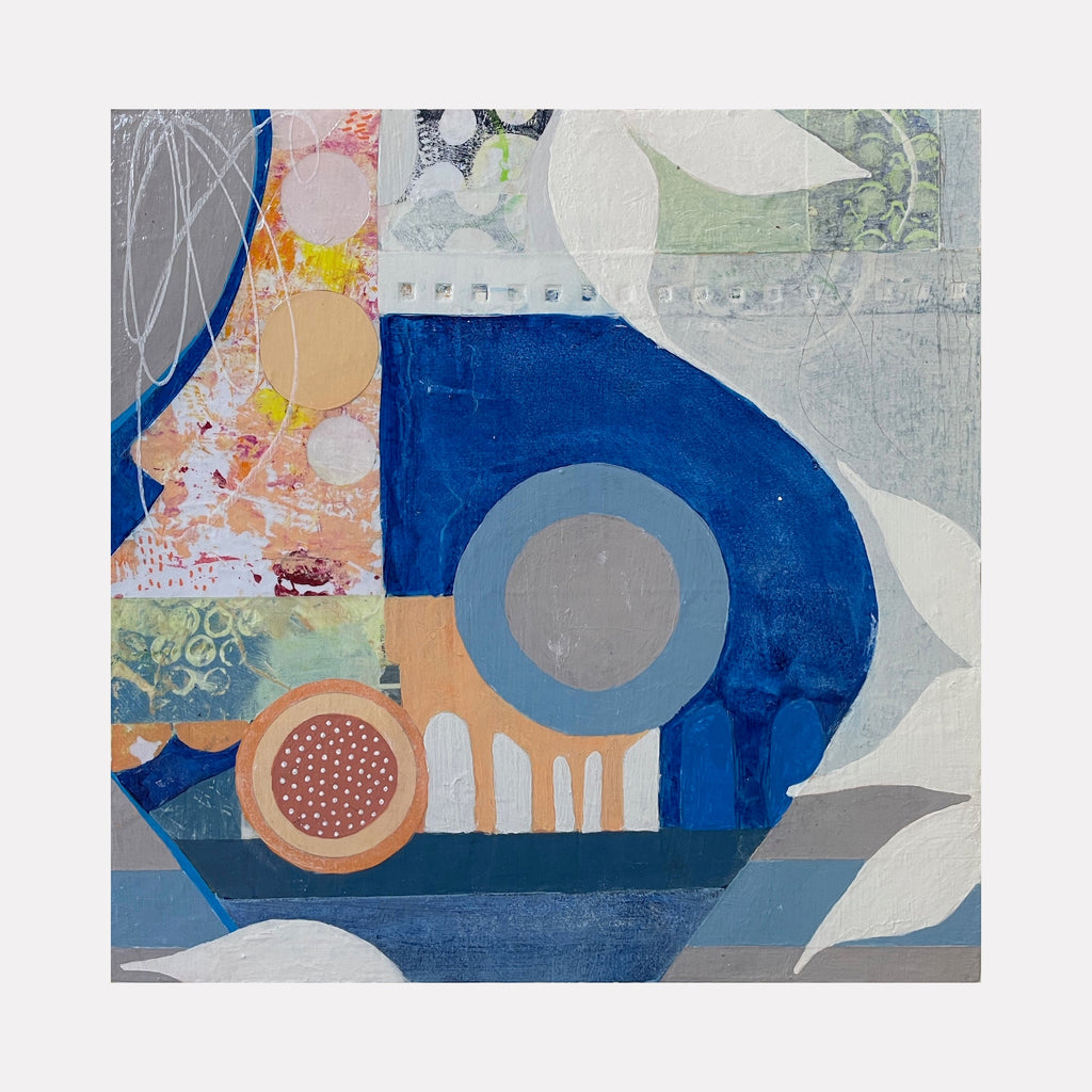 The artwork 'I Went Looking For Magnolia Flowers' by Giliane Bader features abstract geometric shapes in deep navy blue, soft peach, and silver gray. A circular motif with textured patterns creates dynamic movement across the mixed media composition. Bold curves and organic forms blend with delicate linear elements on birch panel, finished with cold wax for subtle luminosity.