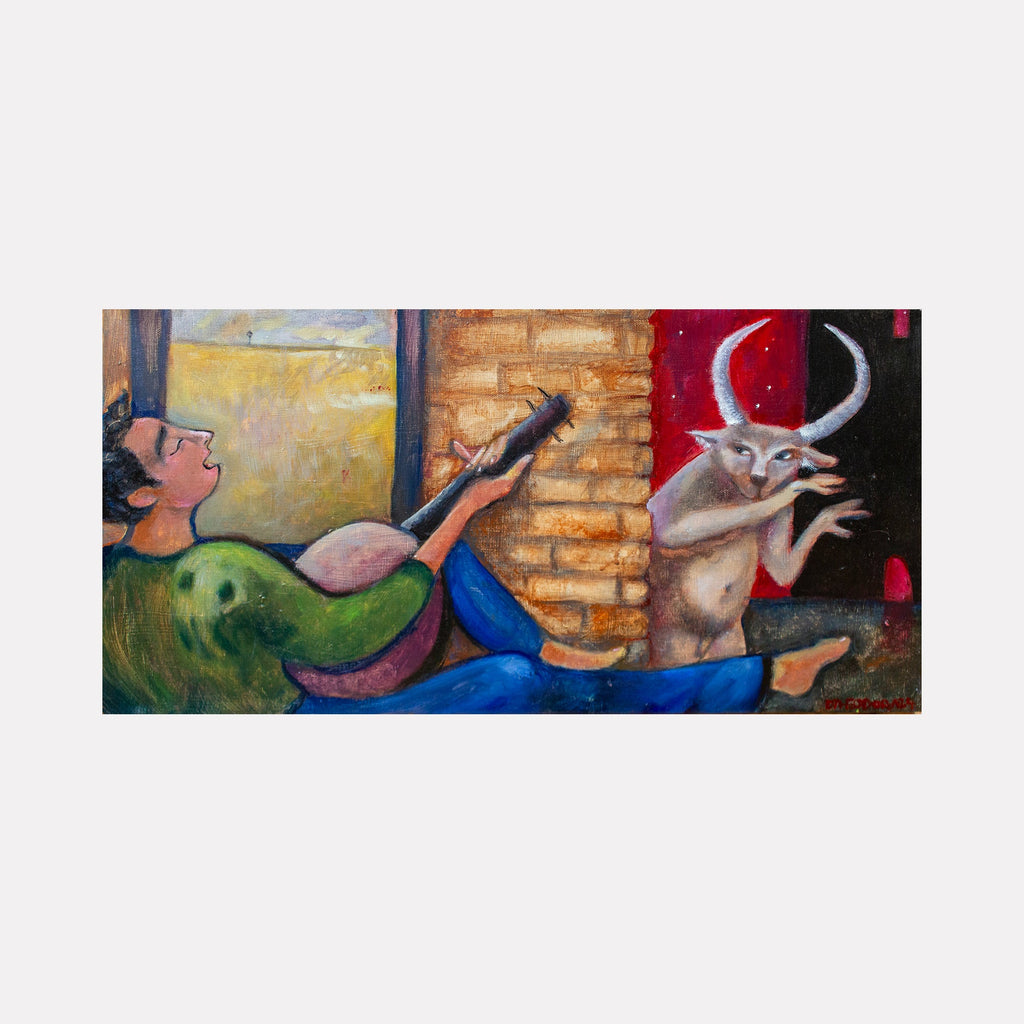 I'll Sing You a Song of Solace by Dara Theodora: whimsical tempera painting depicting figures in green and blue against brick wall with crescent moon