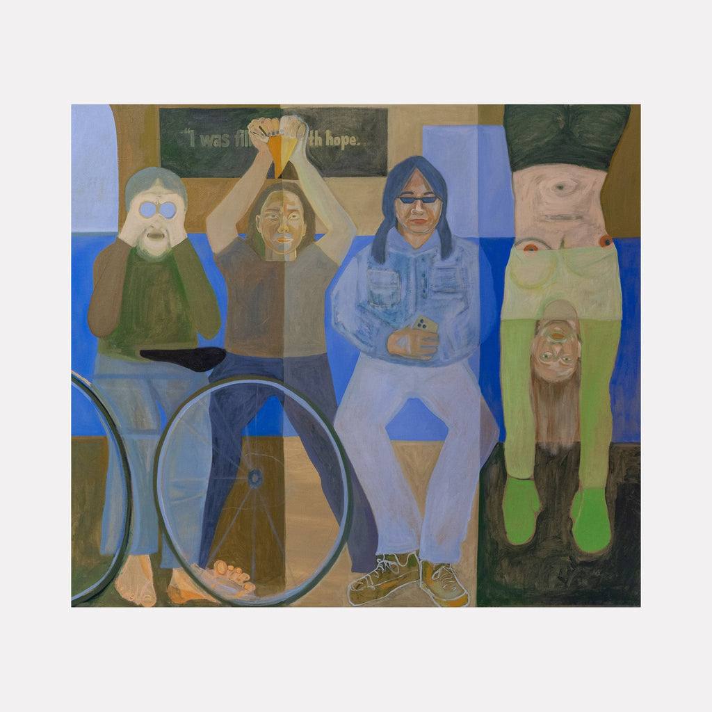 The artwork 'I was filled with hope... [our daily commute]' depicts abstract figures seated in a row against a blue and brown background. Oil painting showing distinctive poses and muted color palette, featuring geometric shapes and a wheel element. Contemporary expressionist style on canvas, 67x78 inches by Chelsie Sunde.