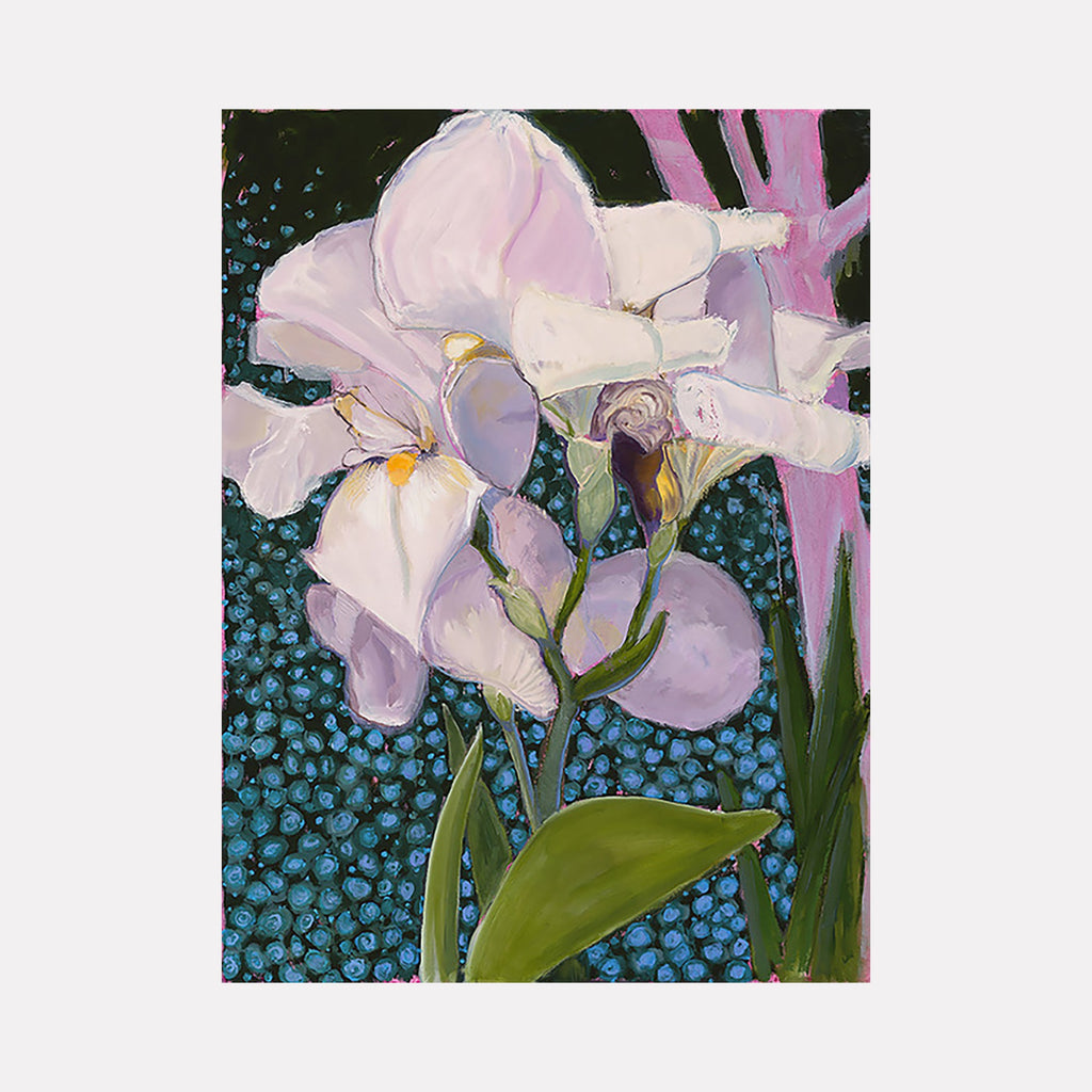 The artwork 'Iris with blue' captures delicate lavender iris blooms against a vibrant turquoise dotted background. The oil painting features soft, textured brushstrokes depicting pale purple petals and emerald green stems and leaves. The contemporary floral composition showcases expressive botanical details on paper, 30x22 inches. By Cristi Lyon.