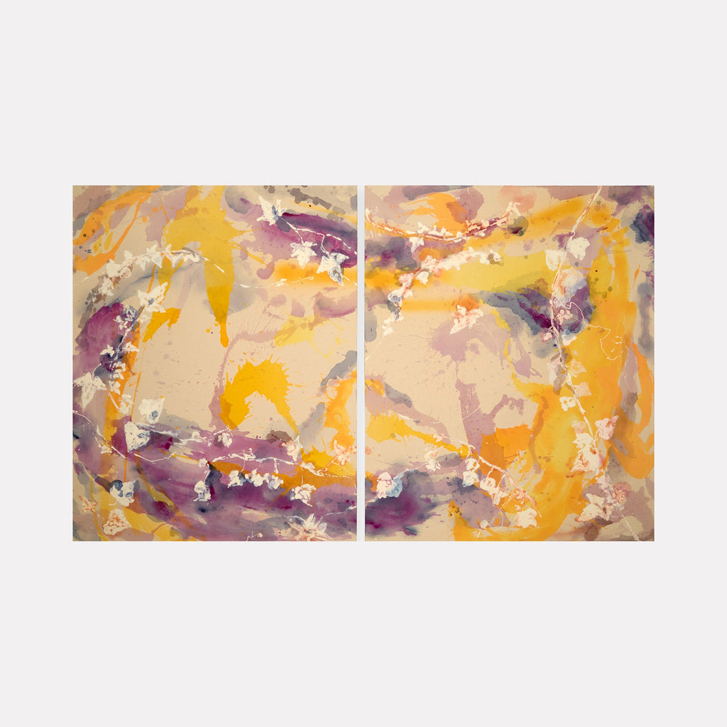 The artwork 'Ivy Traipse' by Molly Herman features a vibrant diptych with fluid abstract forms in golden yellows and deep purples. Sweeping brushstrokes create dynamic movement across both canvases, with delicate white accents suggesting organic patterns. The acrylic and oil painting reveals layers of warm beige tones interweaving with bold gestures.