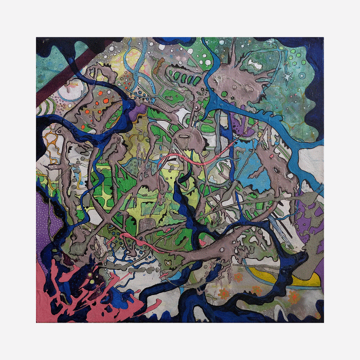 The artwork 'Jungle Roller Coaster' by Devin Ruiz features an abstract acrylic painting with intricate winding paths in green, blue, and gray tones, creating a maze-like composition. The piece showcases flowing organic shapes reminiscent of a dense jungle canopy, with vibrant accents of purple and pink. The dynamic 18x18 canvas artwork demonstrates a playful interplay of curved lines and natural forms.