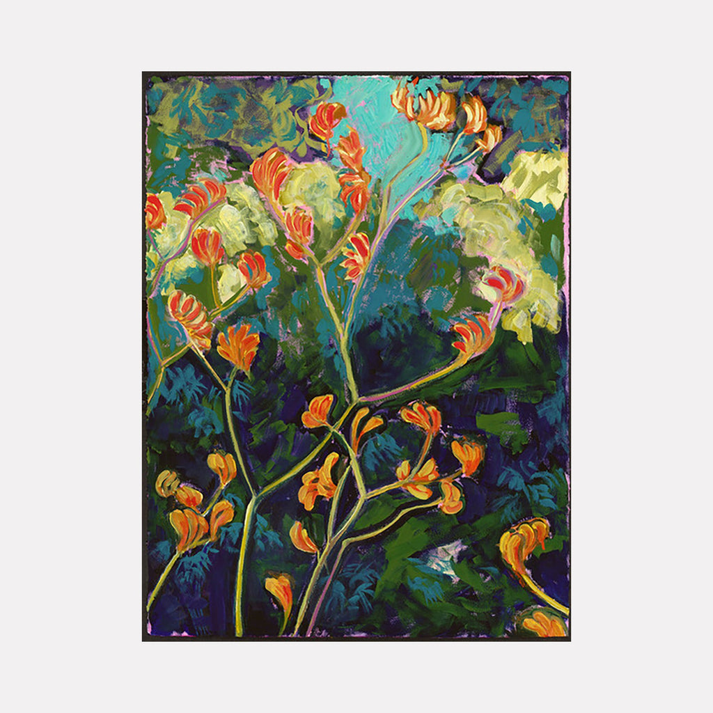 The artwork 'Kangaroo Paw' by Cristi Lyon features vibrant orange-gold flowers on graceful green stems against a deep turquoise and emerald background. The oil painting captures the unique curved shape of kangaroo paw blooms in an expressive, impressionistic style with bold brushstrokes and rich textural details. 30x22 inches oil on paper by Cristi Lyon.
