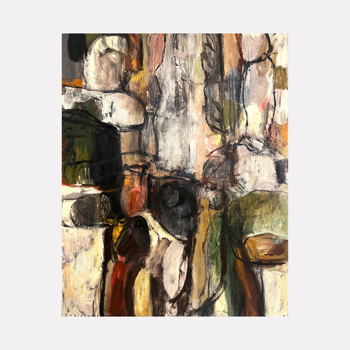 Landscape with Hidden Figures by David Quentin Sheldon presents an abstract scene with muted earth tones, layered textures, and subtle shapes suggesting concealed human forms within a complex interplay of organic and architectural elements, evoking a contemplative and mysterious atmosphere.