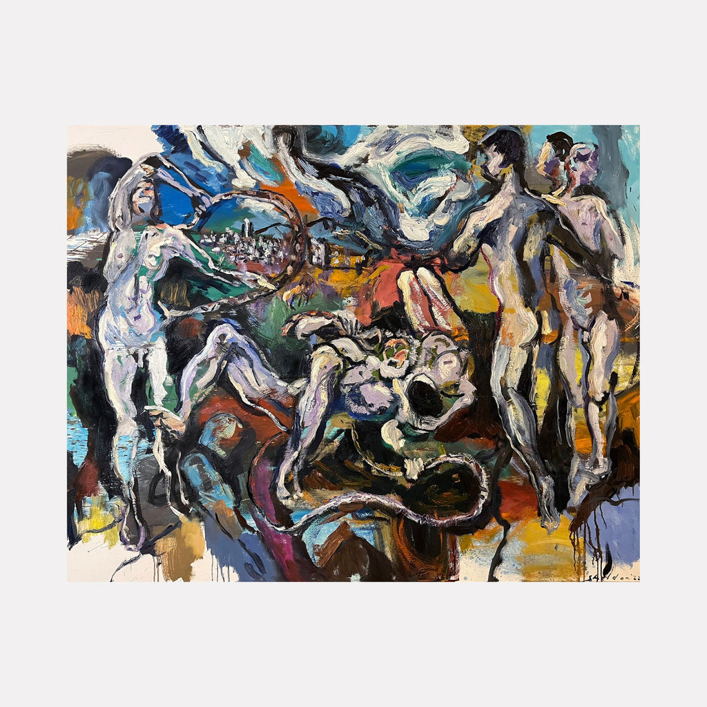 Laocoon (after El Greco) by David Quentin Sheldon reinterprets a mythic scene with bold, expressive brushwork and a vivid palette of blues, oranges, and earth tones. The composition merges dynamic, contorted human forms with fluid, swirling shapes, evoking powerful tension and emotional intensity in a contemporary style.