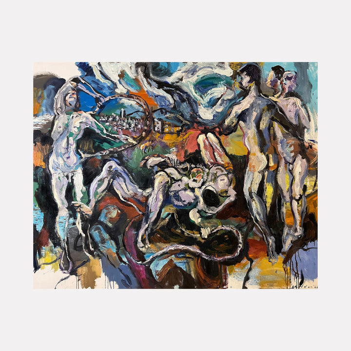 Laocoon (after El Greco) by David Quentin Sheldon reinterprets a mythic scene with bold, expressive brushwork and a vivid palette of blues, oranges, and earth tones. The composition merges dynamic, contorted human forms with fluid, swirling shapes, evoking powerful tension and emotional intensity in a contemporary style.