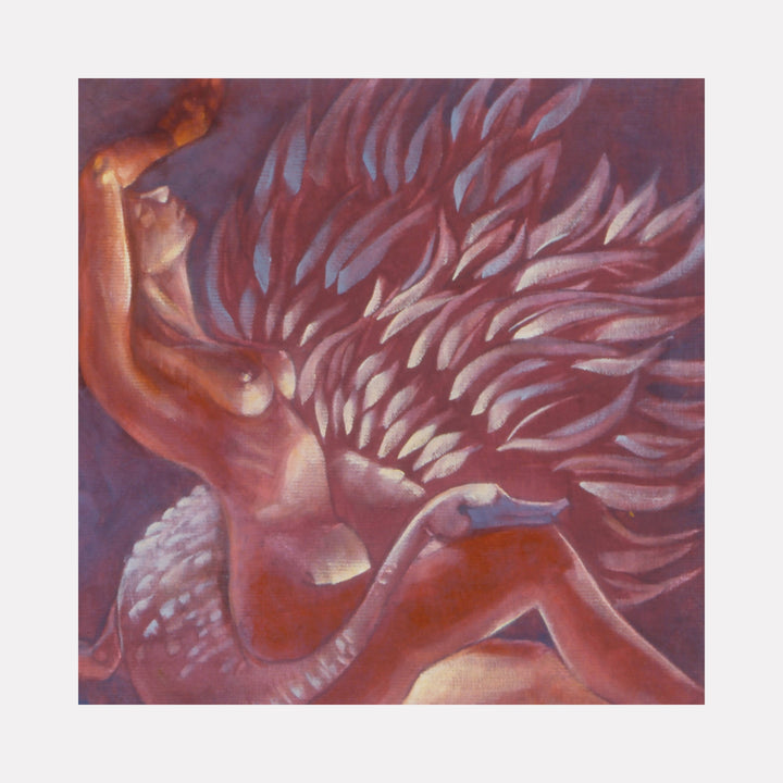 The artwork 'Leda and the Swan' features a dynamic composition rendered in warm terracotta and mauve tones. Abstract feathered forms sweep across the canvas, creating ethereal movement. The lithograph displays a fluid, mythological interpretation with graceful curves and flowing lines against a dusky purple background. High quality lithograph on canvas by JaeMe Bereal.