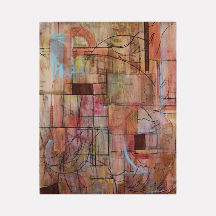 The artwork 'Light as a Feather' by Lisa Petker Mintz features abstract geometric shapes in warm coral and peach tones, intersected by delicate charcoal line drawings. Soft blue accents create depth against earthy browns and pinks. The mixed media composition combines acrylic paint's fluid texture with charcoal's linear elements on canvas, creating a layered, atmospheric effect.