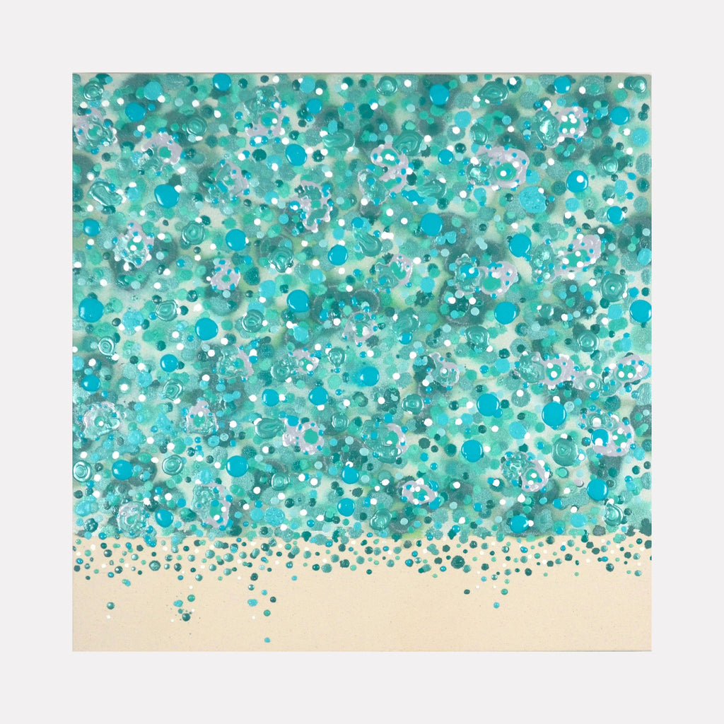 The artwork 'Listen Deeply' by Eric Jiaju Lee features a mesmerizing cascade of turquoise and aqua dots scattered across the canvas, creating a waterfall-like effect against a cream background. The pointillist technique creates a dynamic, effervescent pattern with varying sizes of circular marks, suggesting movement and depth in the 24x24 inch acrylic painting by Eric Jiaju Lee.
