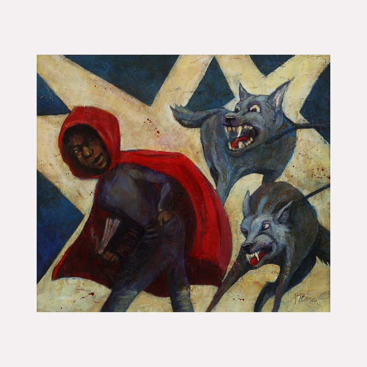The artwork 'Little Red Riding Hoodie' by JaeMe Bereal depicts a dramatic scene with a figure in a vibrant red hooded cloak against a dark background, pursued by two menacing gray wolves. The composition features dynamic diagonal light beams in cream tones cutting through a deep blue background, creating a tense atmosphere. Painted in acrylic on board with expressive brushstrokes and textural details.