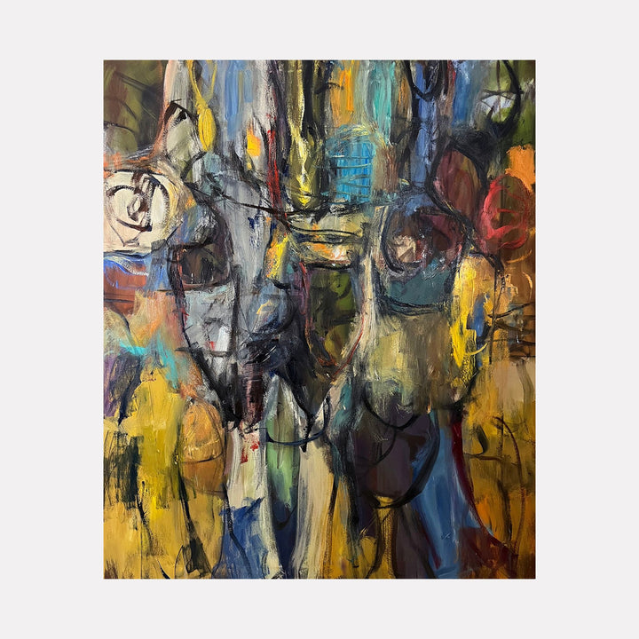 Looking Glass by David Quentin Sheldon presents an expressive abstract scene with layered brushwork in hues of deep blue, golden yellow, earthy greens, and touches of red. The composition blends fluid, overlapping shapes and spontaneous black linework, evoking a dynamic, introspective mood with textured depth and organic movement.