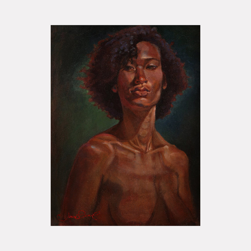 The artwork 'Madonna II' features a portrait against a deep emerald background. Natural curly hair frames the upward-tilted face, captured in rich brown tones. The composition showcases dramatic lighting and shadows, emphasizing elegant neck lines and shoulders. Painted in expressive acrylic strokes on canvas by JaeMe Bereal.