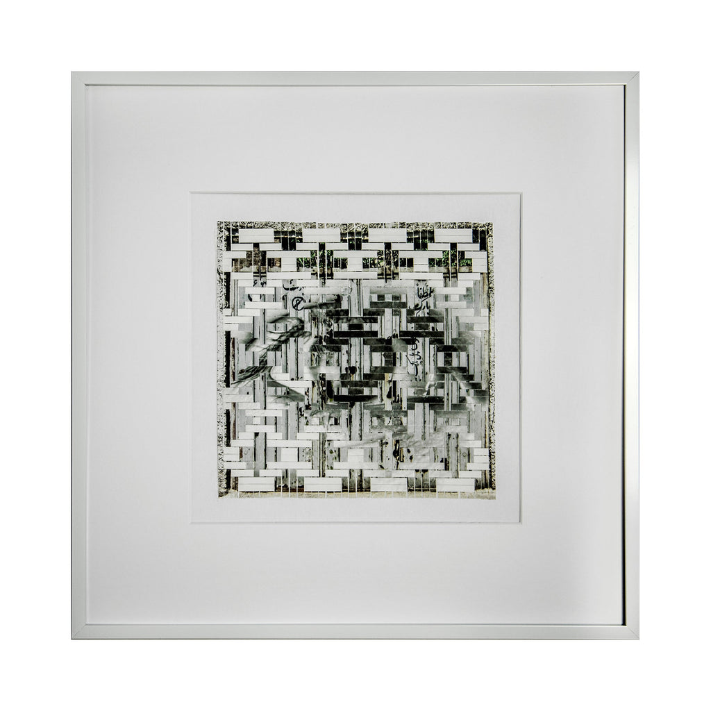 The artwork 'Marks Left by the Years' by Kiana Honarmand features an abstract geometric composition in black and white, comprising hand-cut and woven giclee prints. The pattern shows intricate pixelated shapes and angular forms creating a maze-like structure, framed in crisp white matting. The 16x16 inch piece displays a monochromatic palette with varying tones and textures.