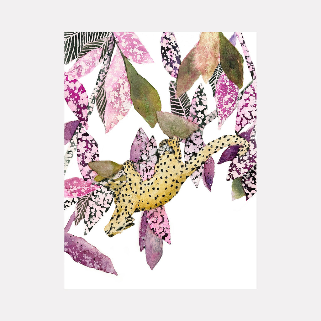 The artwork 'Secret Garden' by Rachel Kohn features delicate watercolor and ink composition depicting abstract botanical elements with a yellow central form surrounded by pink and purple leaves. Black speckled textures and olive-green foliage create a dreamy, ethereal garden scene against a white background. Watercolor and ink on paper, 21x21 inches, by Rachel Kohn.