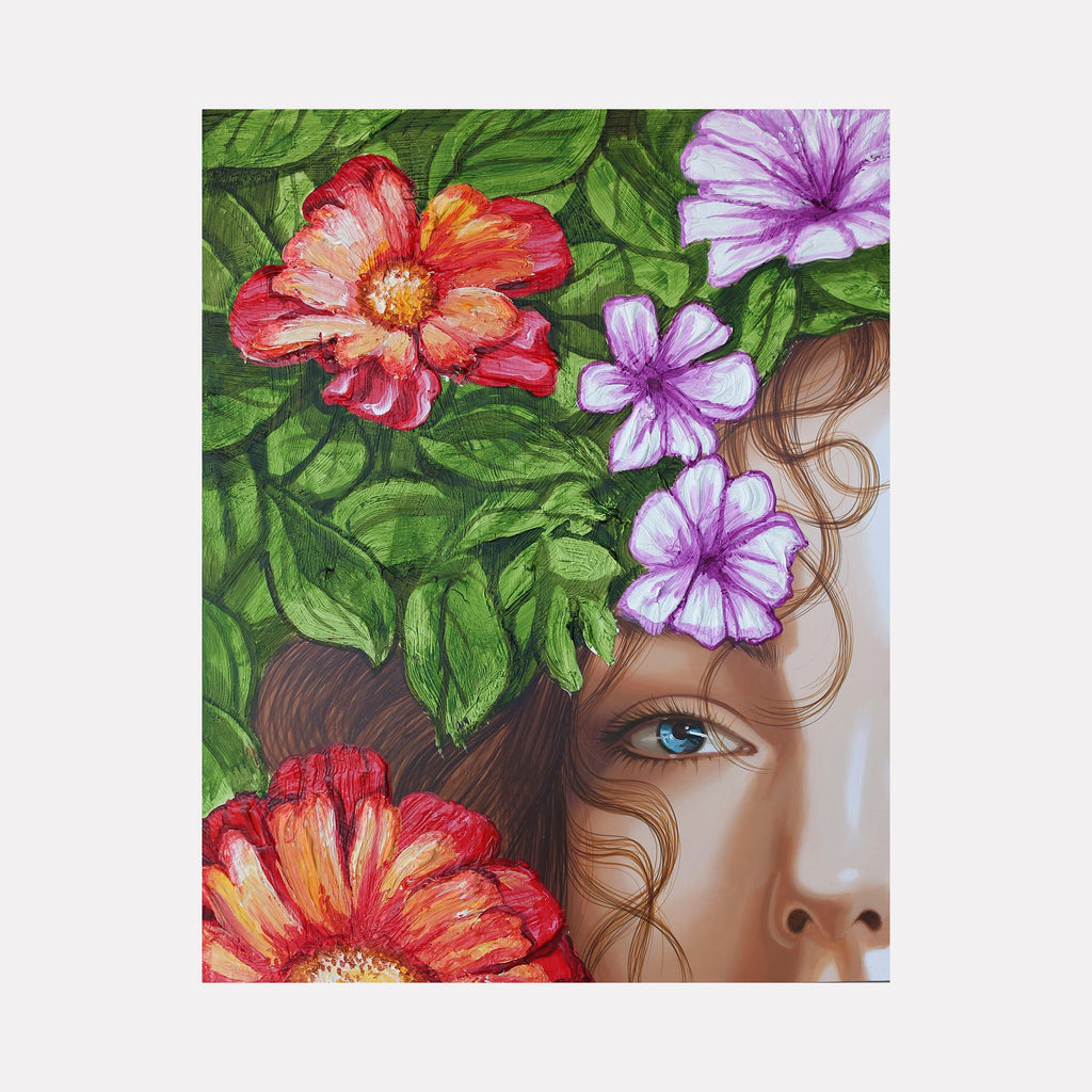 The artwork 'Memories of the Season II' by Carlos Gamez de Francisco features vibrant floral elements with coral-red peonies and lavender blooms against lush green foliage. The composition showcases detailed acrylic brushwork on wood, capturing the delicate petals and natural textures in a dreamy, botanical style. Painted in realistic detail by Carlos Gamez de Francisco.