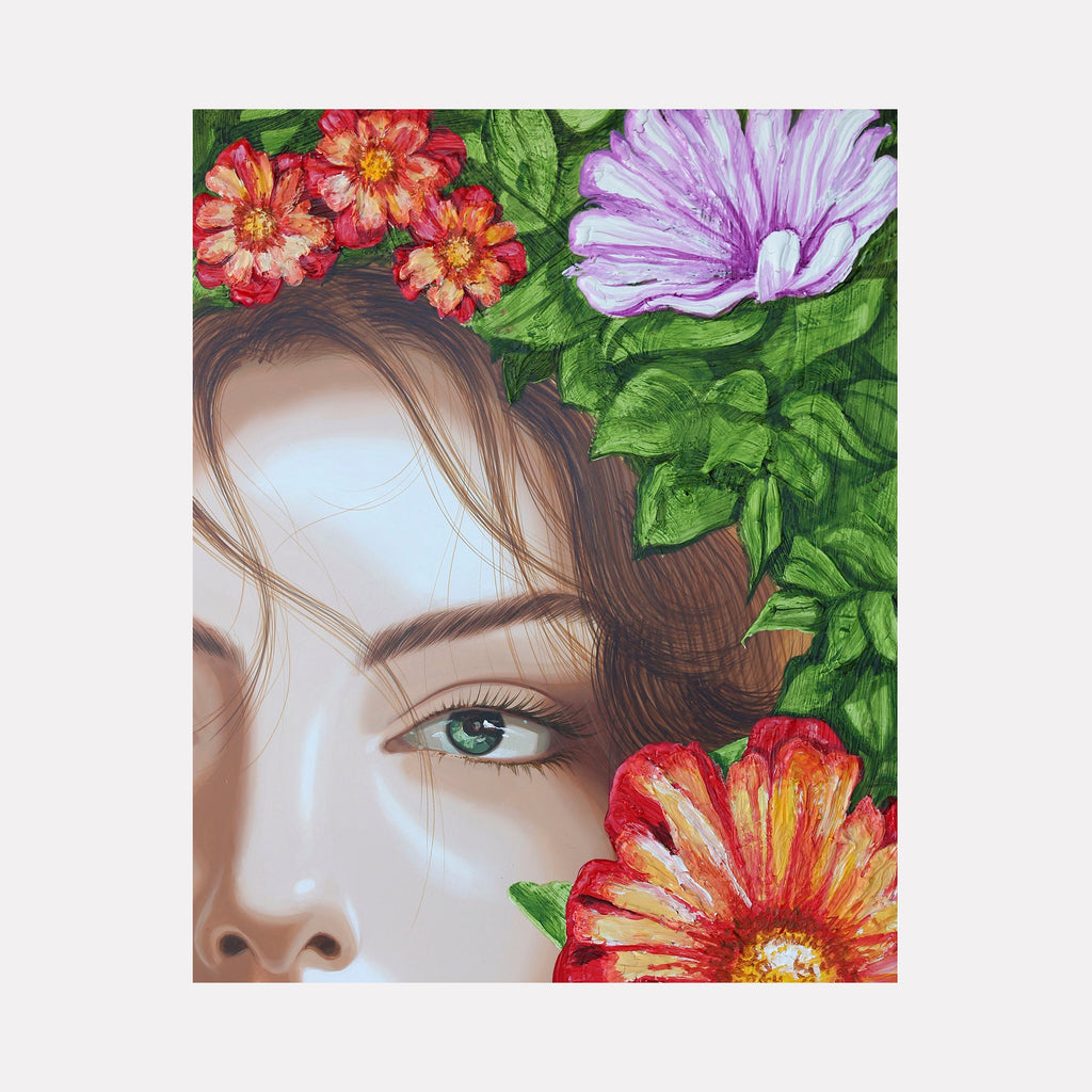The artwork 'Memories of the Season I' by Carlos Gamez de Francisco features a close-up view framed by vibrant tropical flowers, including coral-red hibiscus and purple blooms against lush green foliage. The acrylic painting on wood showcases delicate brushwork, with rich botanical details and striking composition, measuring 16x20 inches.