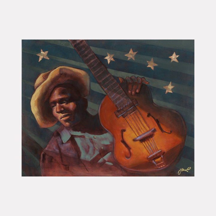 The artwork 'Minstrel #1' by JaeMe Bereal features a musical theme against a starlit background. A warm honey-colored acoustic guitar rests diagonally across a deep teal-striped backdrop adorned with golden stars. The composition uses rich earth tones and dramatic shadowing in acrylic on canvas, measuring 30 x 36 inches. Created by JaeMe Bereal.