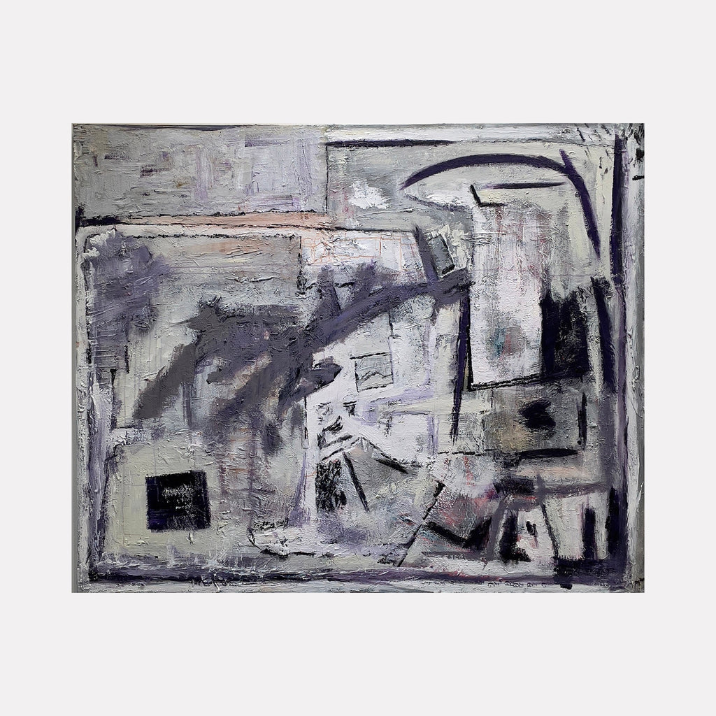 The artwork 'Mirrors' by Jordan Barker features abstract geometric shapes in muted grays and whites, with subtle peach undertones. Bold black brushstrokes create angular forms against a textured background, suggesting fragmented reflections and distorted perspectives. Mixed media and acrylic techniques blend to create depth and movement across the 60x72 inch canvas by Jordan Barker.