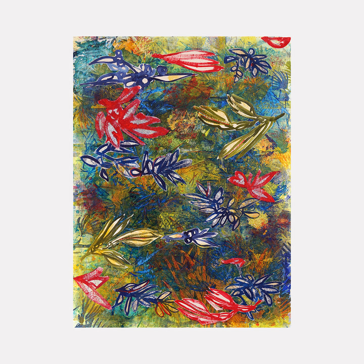 The artwork 'Moon Light in the Garden' by Lisa Petker Mintz features vibrant floral abstractions with navy blue leaves and coral red petals dancing across a textured background of golden yellows and deep turquoise. Mixed media technique combining acrylic paint and fabric on canvas creates a dynamic, layered effect suggesting moonlit flora in motion.